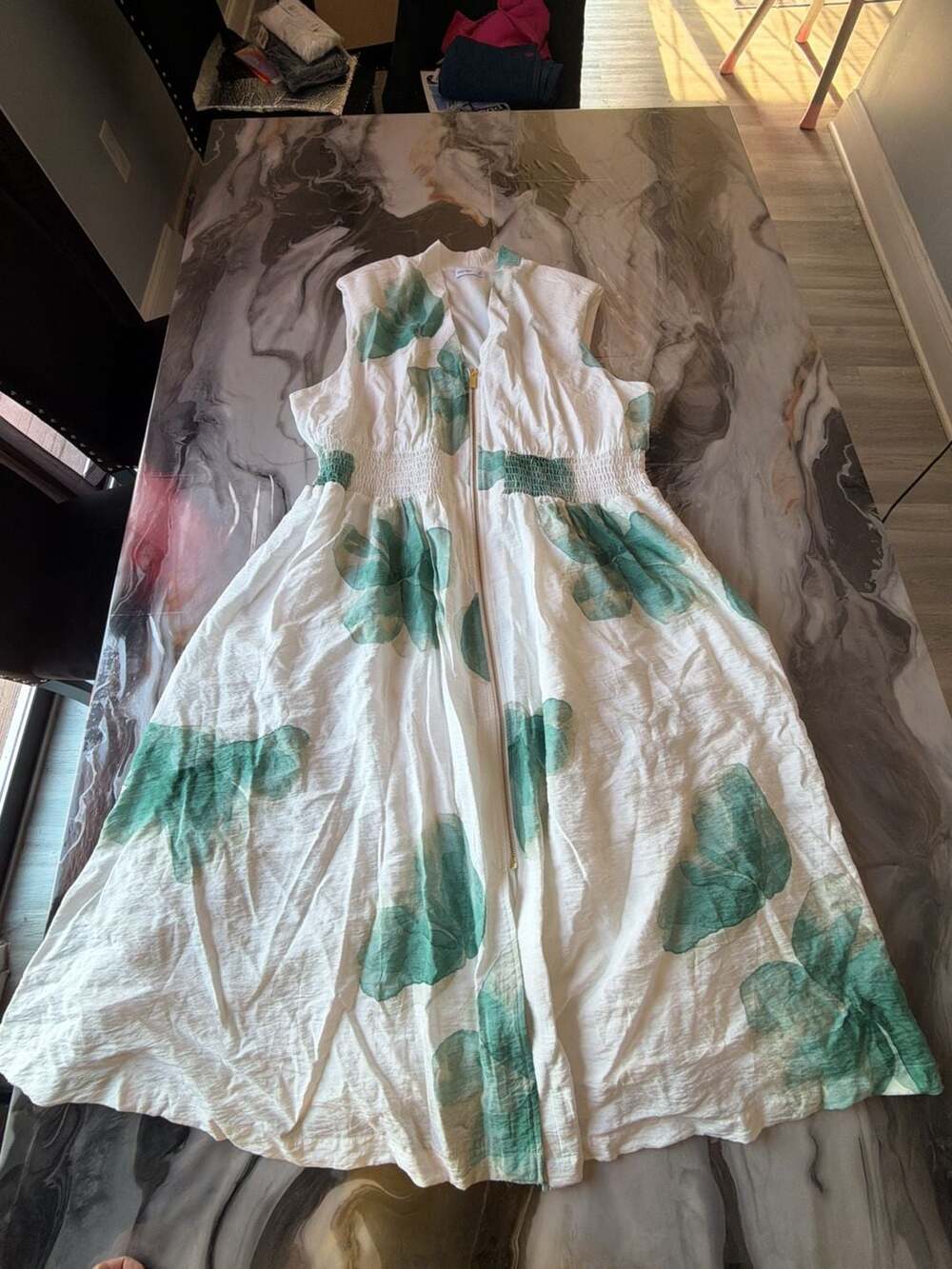 Nine West White and Green Floral Print Sleeveless Zip-Front Midi Dress Size 2X